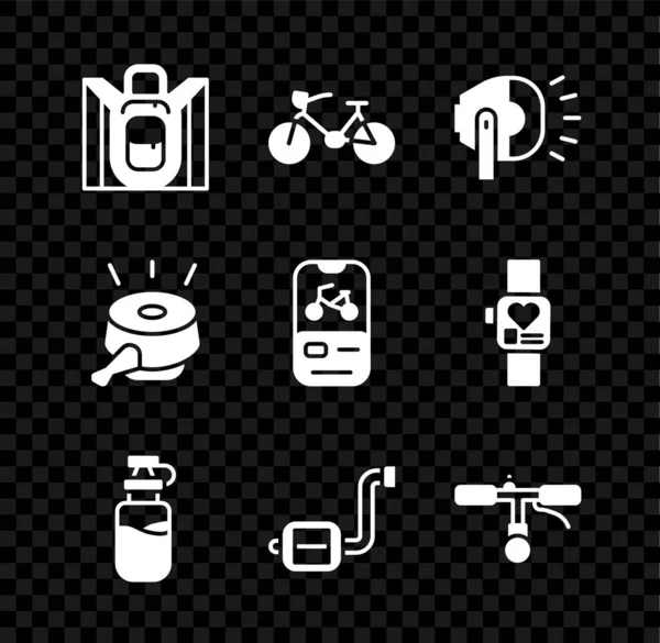 Set Turistický batoh, Jízdní kolo, Hlava lampa, Sportovní láhev s vodou, pedál, řídítka, zvonek a půjčovna mobilní app ikona. Vektor — Stockový vektor
