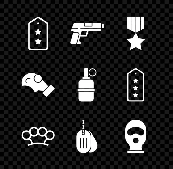 Set Military rank, Pistol or gun, reward medal, Brass knuckles, dog tag, Balaclava, Gas mask and Hand grenade icon. Vector — Stock Vector