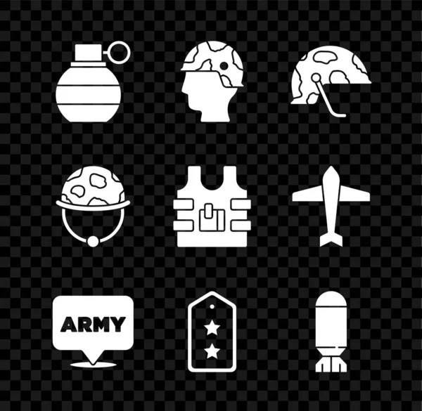 Set Handgranate, Armeesoldat, Militärhelm, Armee, Rang, Fliegerbombe und kugelsichere Weste Symbol. Vektor — Stockvektor