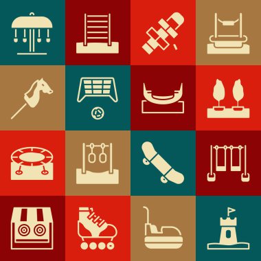 Kum kulesi, çift salıncak, orman, seksek, futbol topu, oyuncak at, atlıkarınca ve tekne ikonu. Vektör