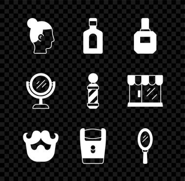 Erkekler için set saç stili, şampuan, tıraş losyonu, bıyık ve sakal, elektrikli tıraş bıçağı, el aynası ve klasik berber dükkanı ikonu. Vektör