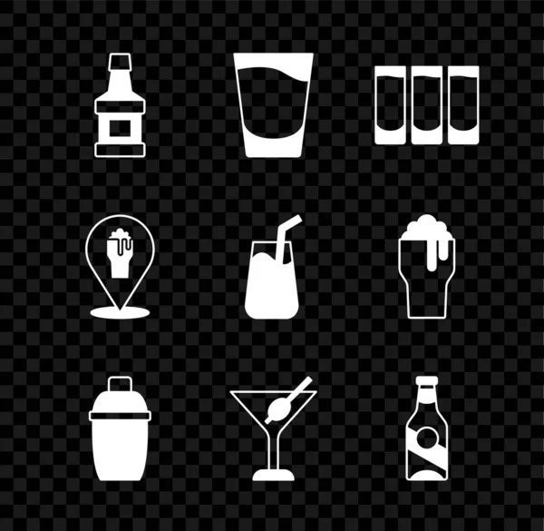 Set bouteille de whisky, verre de tir, shaker Cocktail, Martini, bière, alcool ou bar à bière emplacement et icône. Vecteur — Image vectorielle
