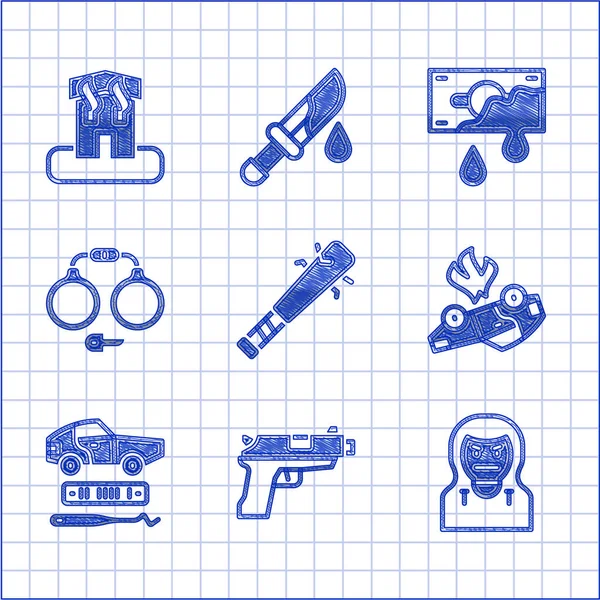 Çivili beyzbol sopası, tabanca veya tabanca, Hırsız maskesi, yanan araba, araba hırsızlığı, kelepçe, kanlı para ve kundakçılık ev ikonu. Vektör
