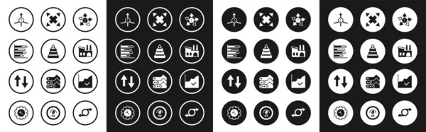 Setzen Sie viele Wege Richtungspfeil, Pyramidendiagramm Infografiken, Kuchen, Pfeil, Fabrik, Wachstum des Finanzsektors und Symbol. Vektor — Stockvektor