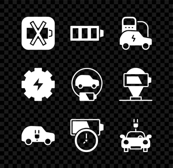 Set Batería baja, Carga de batería, Coche eléctrico, Engranaje y relámpago e icono. Vector — Archivo Imágenes Vectoriales