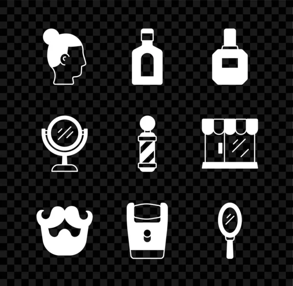 Set Frisyr för män, Flaska schampo, Aftershave, Mustache och skägg, Elektrisk rakkniv, Hand spegel, och Classic Barber butik pole ikon. Vektor — Stock vektor