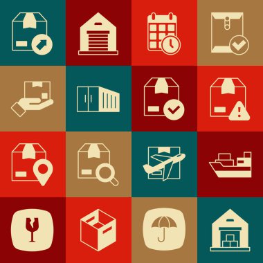 Depo, kutu teslimatlı kargo gemisi teslimat kalkanı, karton takvim, konteyner, el, karton karton ve aksesuar işaretleme simgesi. Vektör