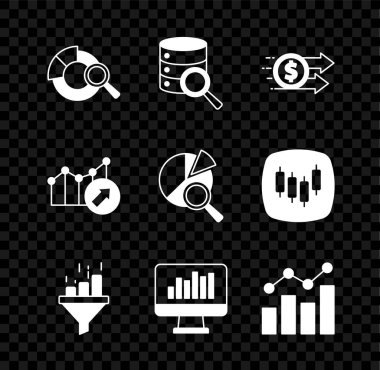 Arama veri analizini, sunucuyu, finansal büyüme dolarını, grafikli satış hunisini, monitör grafiğini ve simgeyi ayarla. Vektör