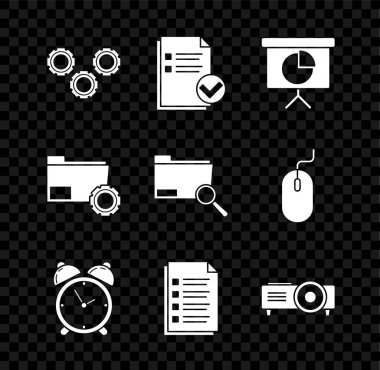 Gear zamanlama şemasını, bilgi grafiği grafiği alarm saati belgesi sunum filmi film projektörü dizini ayarları ve Arama konsept dizin simgesini ayarla. Vektör.