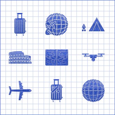 Set Passport pages with visa stamps Suitcase for travel and stickers Earth globe Drone flying action video camera Plane Coliseum Rome Italy Tourist tent wood fire and icon. Vector. vector