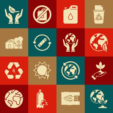 Yerküre küresi ve bitki, çevre koruma, yaprak, benzin bidonu, geri dönüşüm sembollü pil, çevre dostu ev, filiz ve insan eli ikonu. Vektör