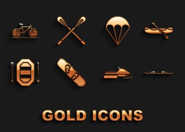 Snowboard Rafting teknesi Snowmobile Paraşüt Bisiklet ve Crossed paddle simgesini ayarla. Vektör.