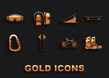 Kayak direklerini, botları bisiklet karabinasını sokak rampası gözlüklerine, dalış maskesine ve aqualung ikonuna ayarla. Vektör.