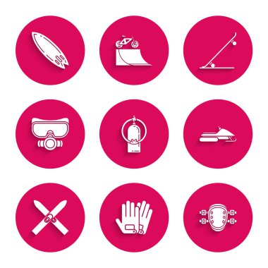 Aqualung Eldivenleri dizlik Snowmobile Kayak ve Dalış Maskesi Kaykayı ve Sörf tahtası simgesini ayarla. Vektör.