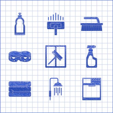 Temizlik için silecek temizleyicisi duş başlığını su damlacıklarıyla temizleyici sprey deterjan deterjan deterjan deterjan, temizlik için sünger fırçası ve plastik şişe bulaşık ikonu ile ayarla. Vektör.
