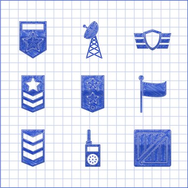 Chevron Walkie Talkie askeri cephane kutusuna ödül madalyası ve simge koyun. Vektör.