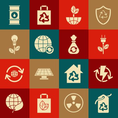 Etiketi geri dönüşüm sembolü, şarj etme, elektrik prizi yaprağı, Dünya küresi ve, Dünya geri dönüşümü, ampul, yağ fıçısı hattı ve çöp poşeti ikonu ile ayarla. Vektör
