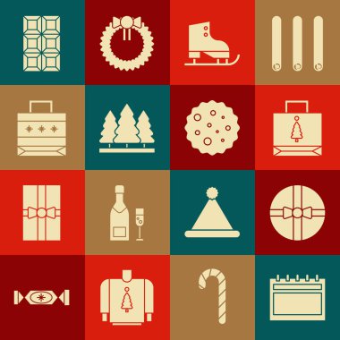 Takvim, hediye paketi, Noel kâğıdı alışveriş çantası, figür patenler, ağaçlar, çikolatalı gofret ve kurabiye ya da çikolata ikonlu bisküvi. Vektör