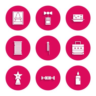 Havai fişek, Candy, şamdanda yanan mum, Noel kâğıdı alışveriş çantası, yıldız, istek listesi şablonu, fındıklı Nougat ve kartpostal ikonu. Vektör