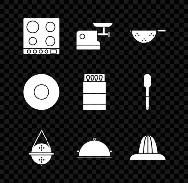 Gaz ocağı, mutfak öğütücüsü, süzgeç, top çay süzgeci tepsi dolusu yiyecek, meyve sıkacağı, tabak ve kibrit kutusu ikonu ile kaplı. Vektör