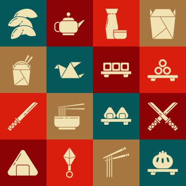Hamur köftelerini kesme tahtasına, geleneksel Japon katanasına, suşiye, çay seremonisine, Origami kuşuna, Asya eriştesi karton kutusuna ve yemek çubuklarına, Çin fal kurabiyesine ve ikona koyun. Vektör