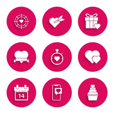 Merkezdeki kronometreye kalp kronometresi, kalp konuşma balonlu akıllı telefon, Takvim 14 Şubat, ve kurdele, hediye kutusu ve dart hedef ikonu. Vektör