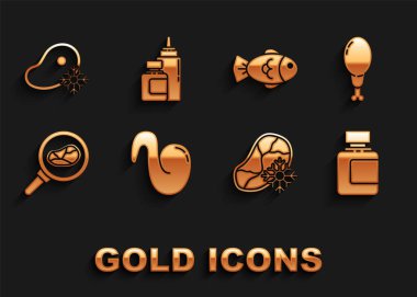 Kızarmış tavuk kanadı, tavuk budu, sos şişesi, taze donmuş biftek eti, biftek kızartma tavası, balık ve ikon. Vektör