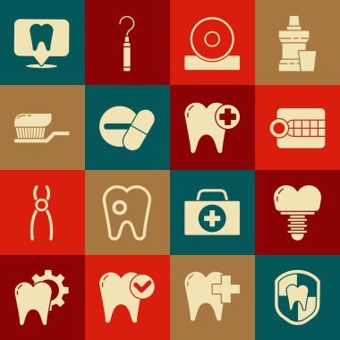Diş korumasını, protezi, protez modelini, Otolaryngological baş yansıtıcısını, ilaç tabletini diş macunlu diş fırçasını, kliniğin yerini ve ikonunu ayarla. Vektör