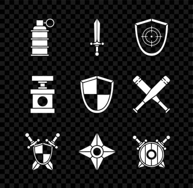 El bombası, Ortaçağ kılıcı, hedef sporu, çapraz kılıçlı kalkan, Japon ninja shuriken, tahta, dinamit ve kalkan ikonu için fünye. Vektör