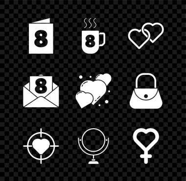 Tebrik kartını 8 Mart, Kahve fincanı, İki Bağlı Kalpler, merkezdeki hedef, yuvarlak makyaj aynası, kadın cinsiyet sembolü, zarf ve ikon ile ayarla. Vektör