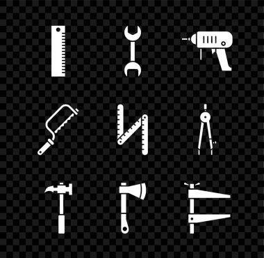 Cetvel, İngiliz anahtarı, elektrikli matkap, çekiç, tahta balta, klemp aleti, testere ve katlama cetvel simgesi. Vektör