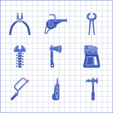 Tahta baltayı, kırtasiye bıçağını, pençe çekicini, çimento torbasını, testereyi, metal vidayı, kıskacı, kerpeteni ve kerpeteni ayarlayın. Vektör