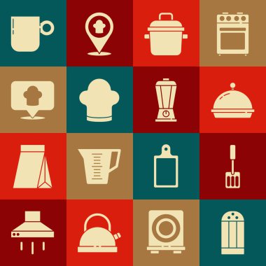 Tuz, Spatula, tepsi dolusu yiyecek, tencere, şef şapkası, konum, kahve fincanı ve blender ikonu ile kaplı. Vektör