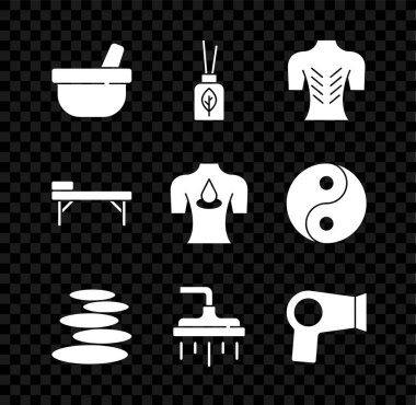 Havan topu ve tokmak, Aroma ayırıcı, masaj, taş yığını, duş başlığı, saç kurutma makinesi, masa ve aroma yağı ikonu. Vektör