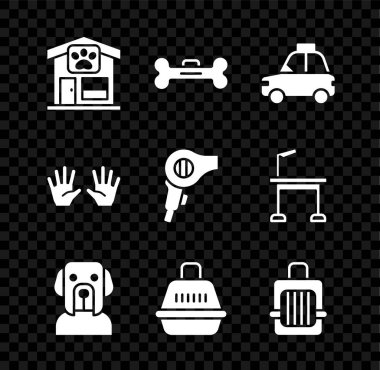 Hayvan tımarı, köpek kemiği, araba taksisi, çanta, lastik eldiven ve saç kurutma makinesi ikonu. Vektör