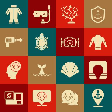 Konumu çapa, can yeleği, dalgıç kıyafeti, mercan, kaplumbağa, balıkçı zıpkını ve fotoğraf makinesi ikonu ile ayarlayın. Vektör