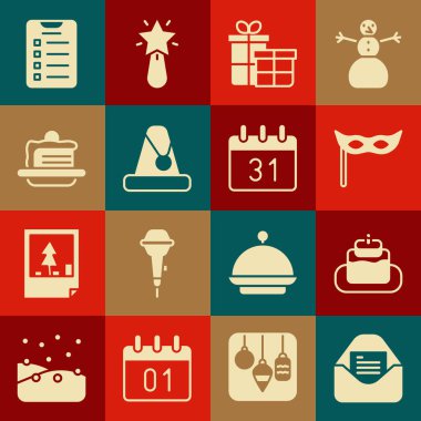 Noel partisi davetiye kartı, pasta, festival maskesi, hediye kutusu, Noel Baba şapkası, yeni yıl hedefleri listesi ve takvim ikonu. Vektör