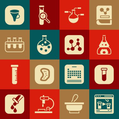 Kimyasal maddeyi çevrimiçi, deney tüpü ve matara, ateş, huni veya filtre ve formül simgesini ayarlayın. Vektör