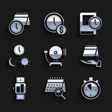 Alarm zilini, Takvim aramasını, Stopwatch 'ı, Smartwatch' ı, zamanla gündüz ve gece, kitap ve saat simgesini ayarla. Vektör