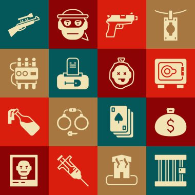 Cezaevi penceresi, para çantası, kasa, tabanca ya da silah mezar taşı, dinamit ve zamanlayıcı saati, dürbün ve cinayet ikonu. Vektör