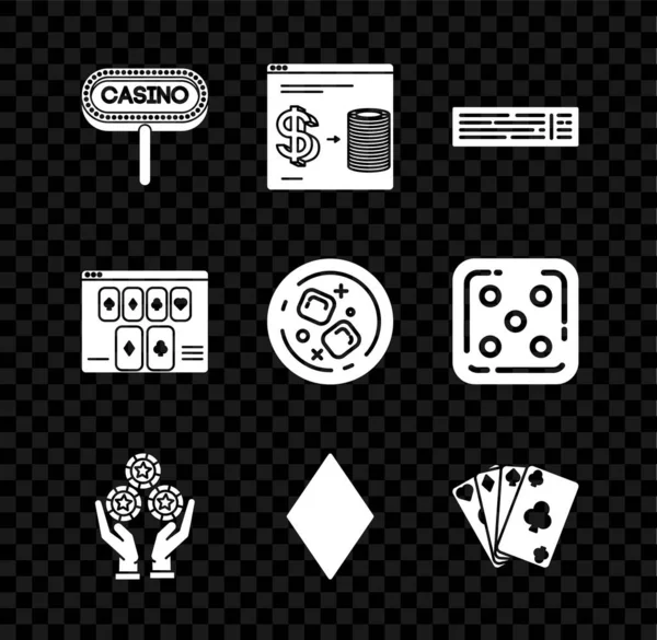 设置赌场招牌 在线赌场芯片交换成堆的美元 甲板扑克牌 玩钻石符号 扑克桌上游戏和玻璃威士忌冰块图标 — 图库矢量图片