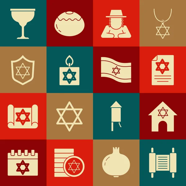 Set Rouleau Torah Synagogue Juive Chapeau Juif Orthodoxe Bougie Ardente — Image vectorielle