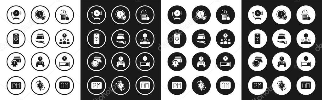 Set Waste of time, Calendar, Alarm clock app mobile, Ringing alarm bell, Time Management, Clock with shield, to sleep and and icon. Vector