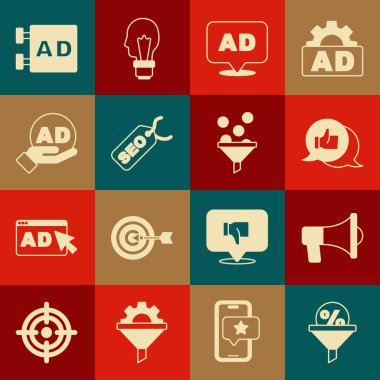 Set Yönetimi, Megaphone, Müşteri Ürünleri Derecelendirme, Reklamcılık, SEO optimizasyonu ve simge. Vektör