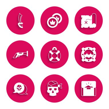 Lifebuoy, Korsan kaptanı, Antika hazine sandığı, deniz manzaralı gemi penceresi, Skull, Vintage tabanca, harita ve kılıç ikonu. Vektör