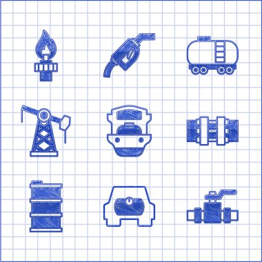 Petrol tankeri gemisi, araç, metal borular ve valf, fıçı yağı, pompa valfi, demiryolu sarnıcı ve yangın ikonu ayarlayın. Vektör