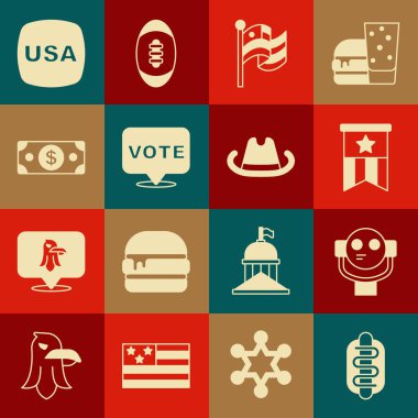Hotdog sandviçi, turist dürbünü, Amerikan bayrağı, oy, kağıt para yığını, ABD Bağımsızlık Günü ve Batı kovboy şapkası ikonu. Vektör