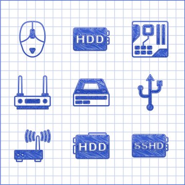 Optik disk sürücüsü, sabit disk HDD, SSHD kartı, USB, router ve wi-fi sinyali, ana kart dijital çipi ve bilgisayar fare simgesini ayarla. Vektör