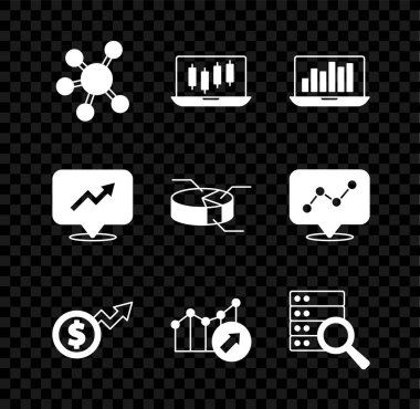 Proje ekibi tabanı, borsa büyüme grafikleri, grafikli dizüstü bilgisayar, Finansal Dolar, Sunucu ve Pie bilgi simgesi. Vektör