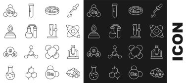 Radyoaktif, Mikroskop, Atom, Bakteri, Test tüpü, Alkol veya Ruh Yakıcı, Ozon ve Mataracı ikonlu Petri kabını hazırlayın. Vektör